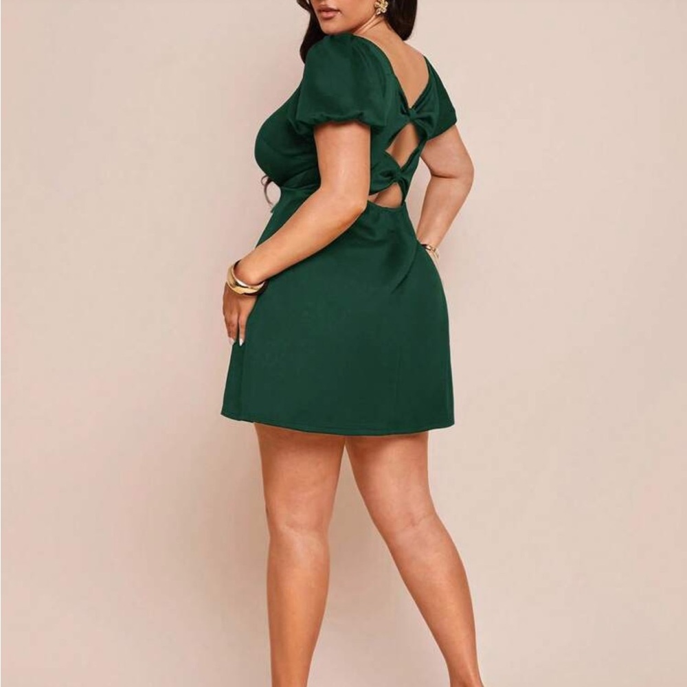 Elegant Cutout Bow Back Short Sleeve A-Line Dress Green